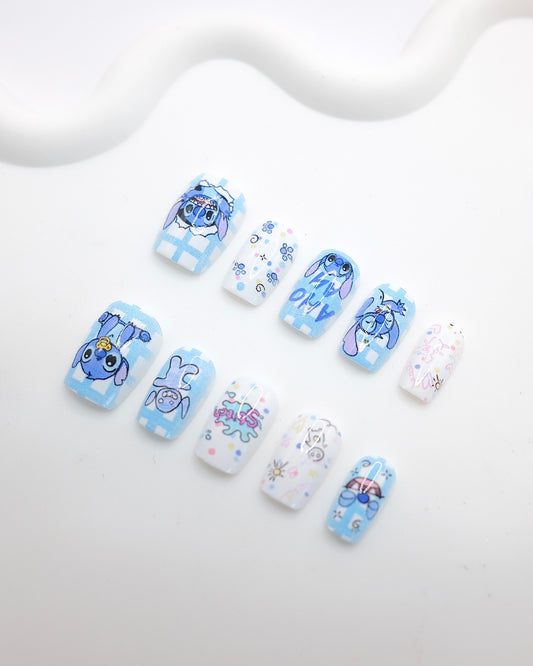 Short Coffin Blue Gingham Cartoon Press On Nails