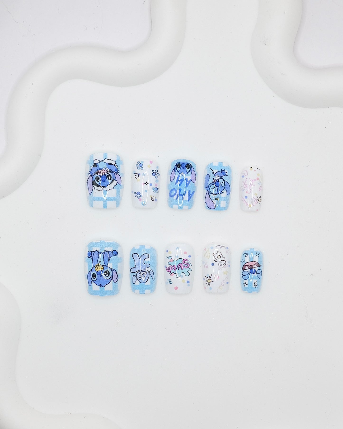 Short Coffin Blue Gingham Cartoon Press On Nails