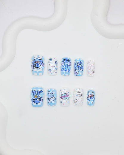 Short Coffin Blue Gingham Cartoon Press On Nails