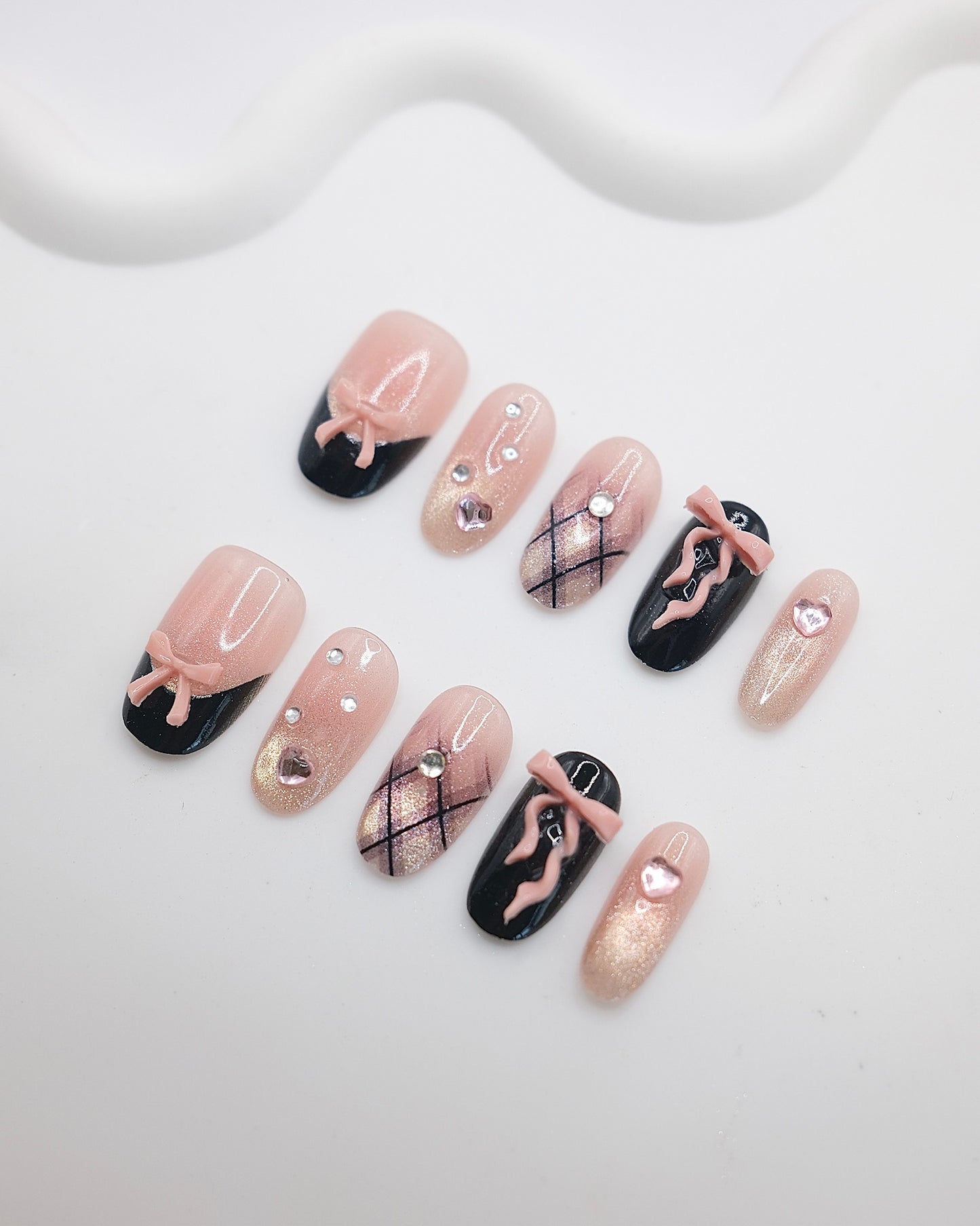Mid-Long Oval 3D Pink Black Bow Press On Nails