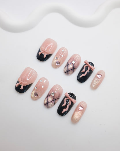 Mid-Long Oval 3D Pink Black Bow Press On Nails