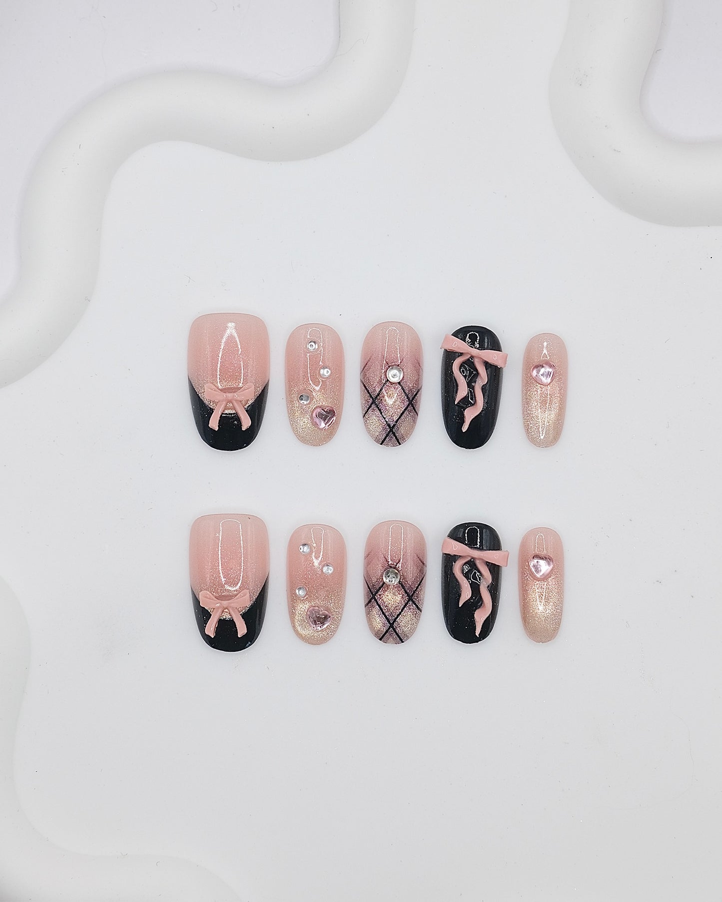 Mid-Long Oval 3D Pink Black Bow Press On Nails