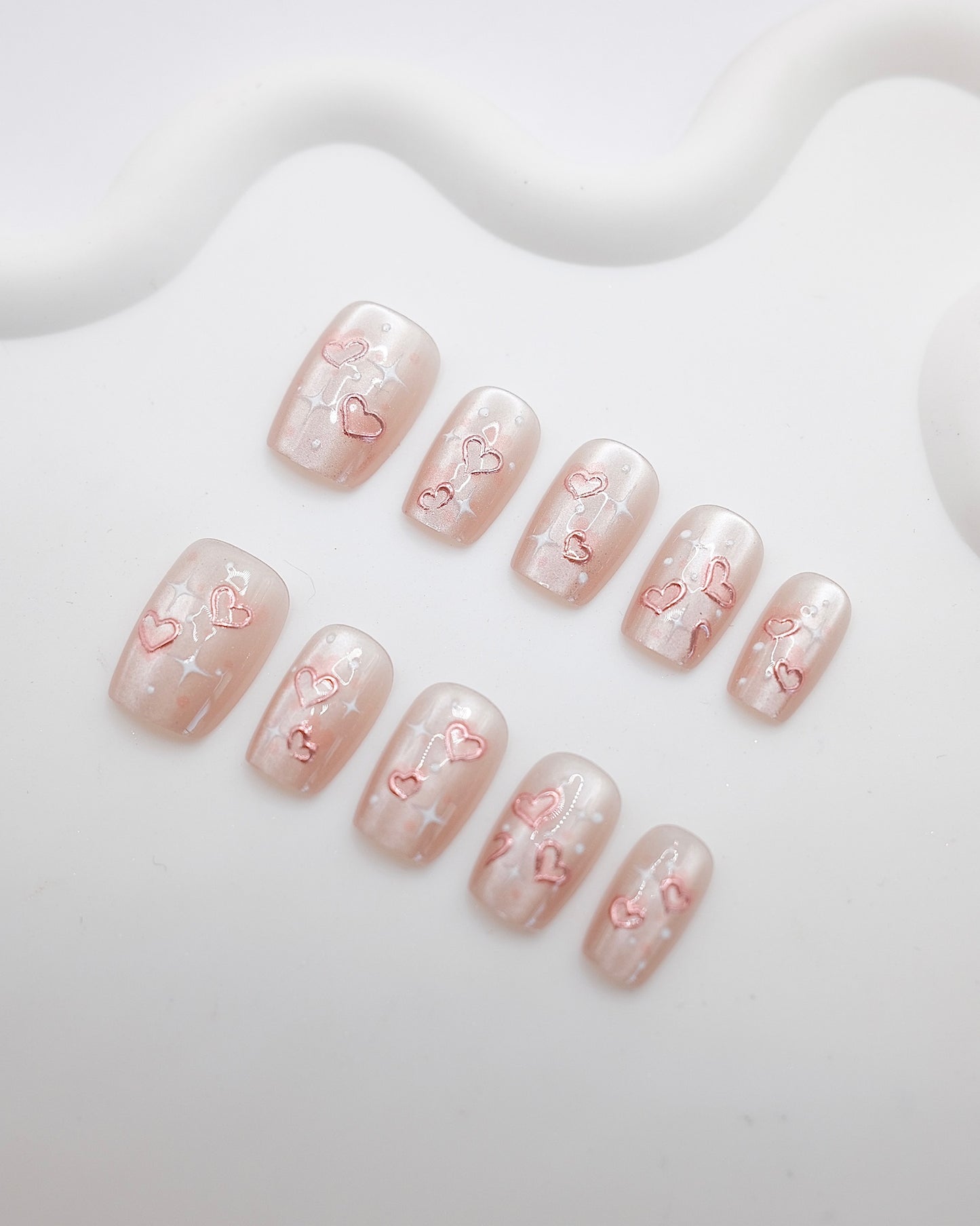 Short Coffin 3D Pink Pearl Heart Press On Nails