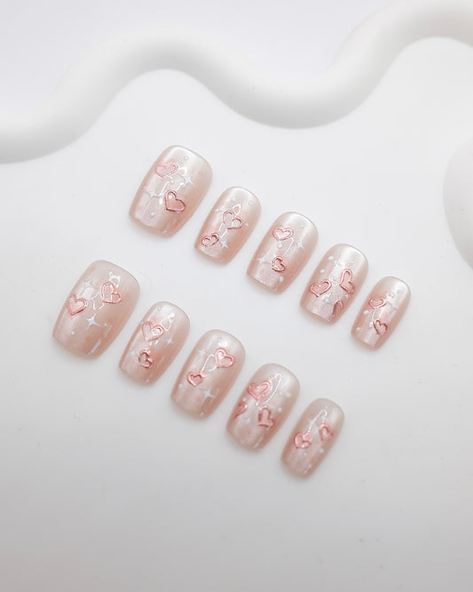 Short Coffin 3D Pink Pearl Heart Press On Nails