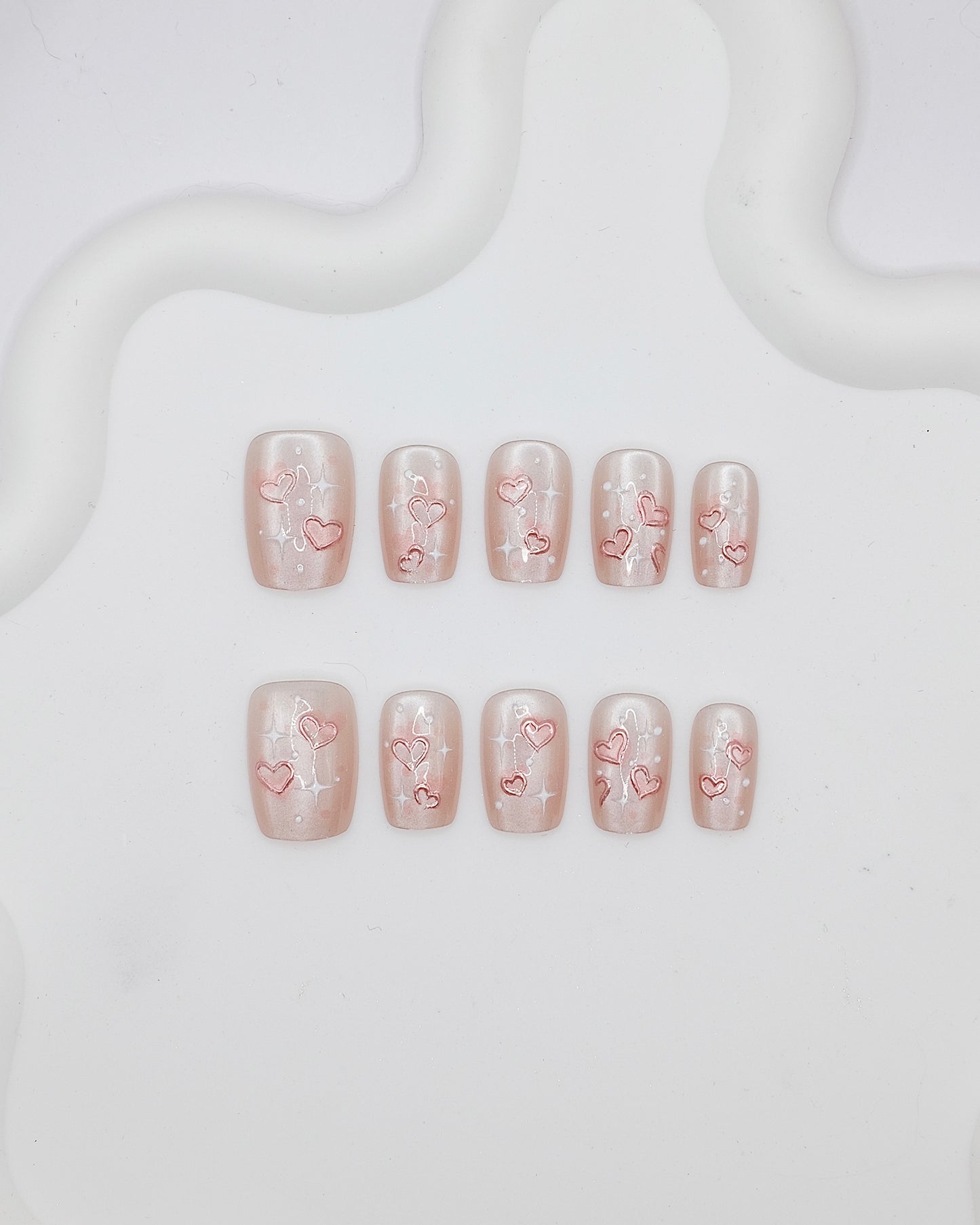 Short Coffin 3D Pink Pearl Heart Press On Nails