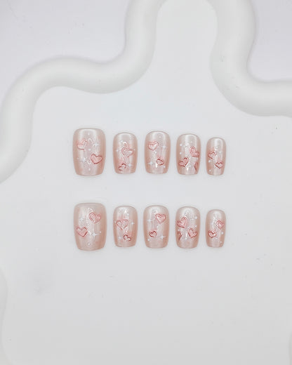 Short Coffin 3D Pink Pearl Heart Press On Nails