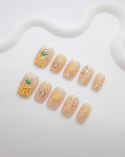 Short Coffin 3D Pineapple Bear Press On Nails