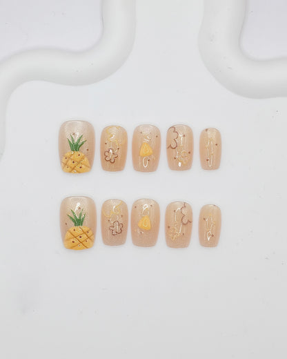 Short Coffin 3D Pineapple Bear Press On Nails