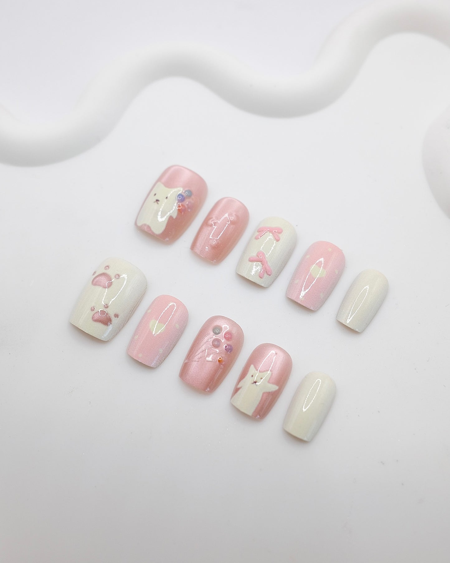 Short Coffin 3D Pink Pearl Cat Bow Press On Nails