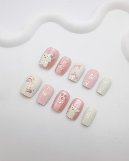 Short Coffin 3D Pink Pearl Cat Bow Press On Nails