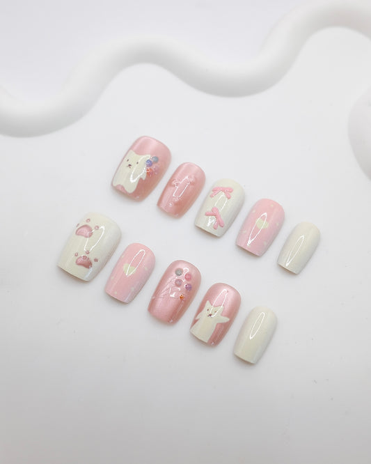 Short Coffin 3D Pink Pearl Cat Bow Press On Nails