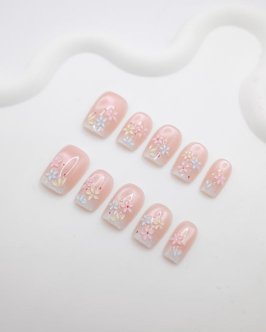 Short Coffin 3D Pink Pastel Flower Press On Nails