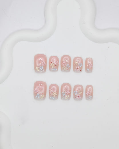 Short Coffin 3D Pink Pastel Flower Press On Nails