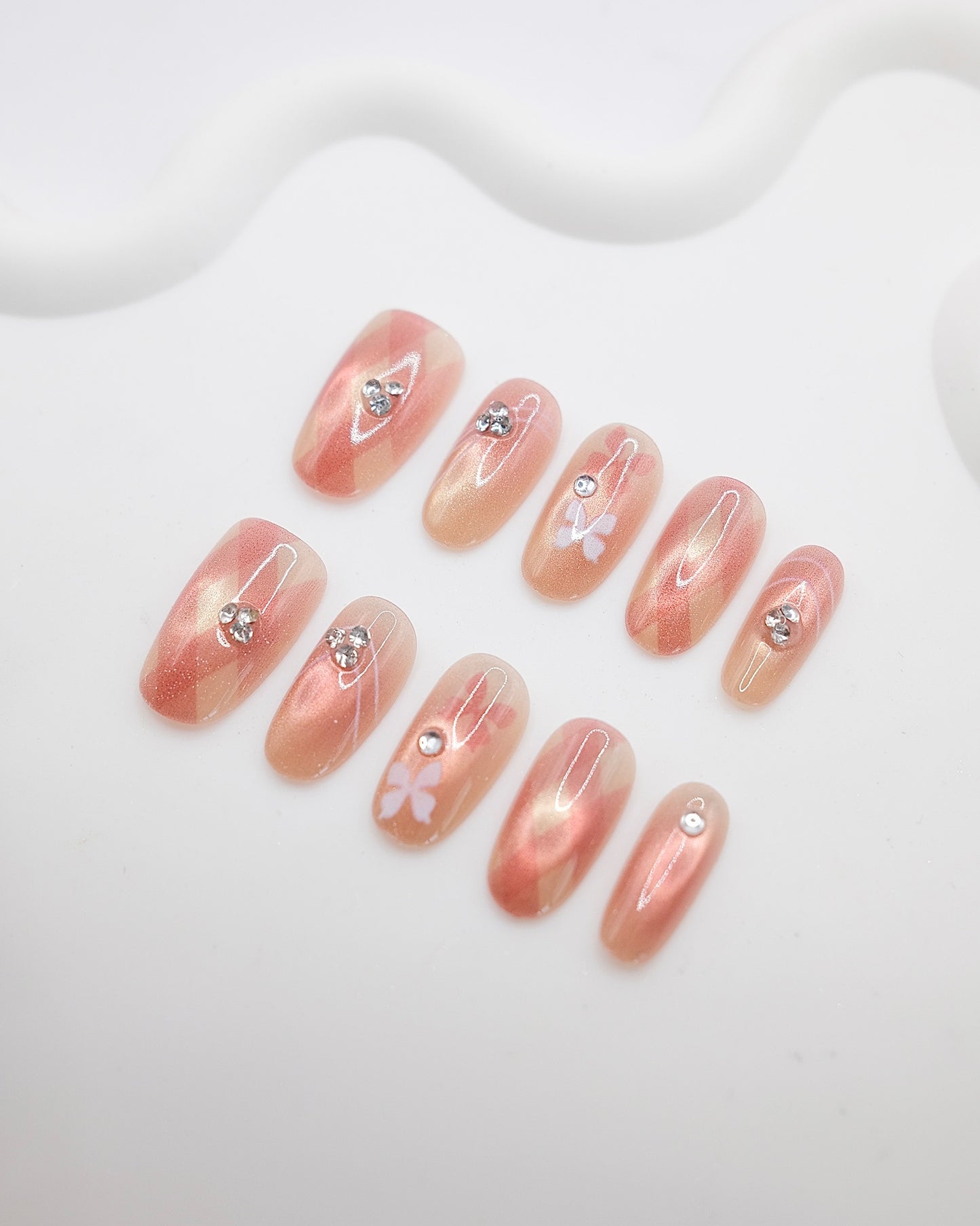 Mid-Long Oval 3D Peach Cat-Eye Crystal Press On Nails