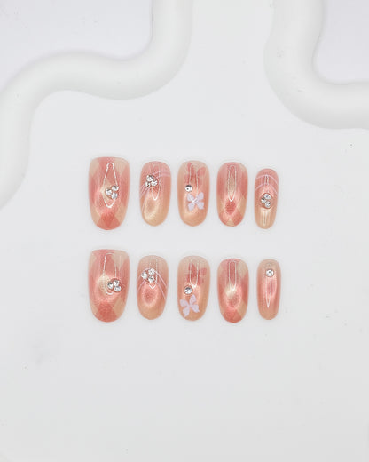 Mid-Long Oval 3D Peach Cat-Eye Crystal Press On Nails