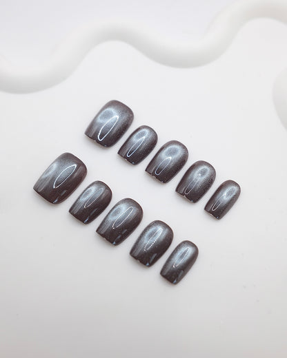 Short Coffin Grey Cat-Eye Press On Nails