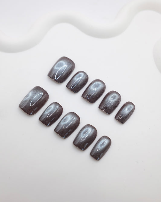 Short Coffin Grey Cat-Eye Press On Nails