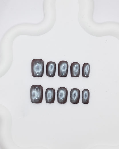 Short Coffin Grey Cat-Eye Press On Nails