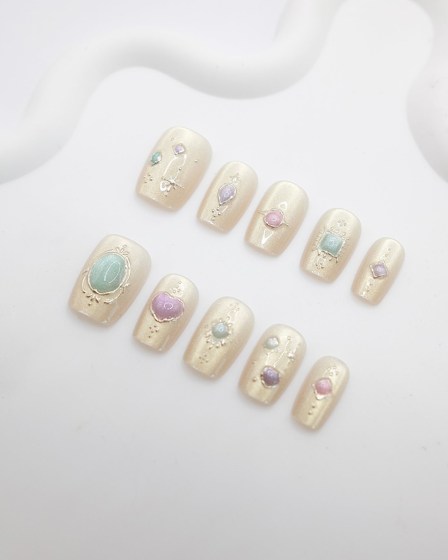 Short Coffin 3D Champagne Pearl Gemstone Press On Nails