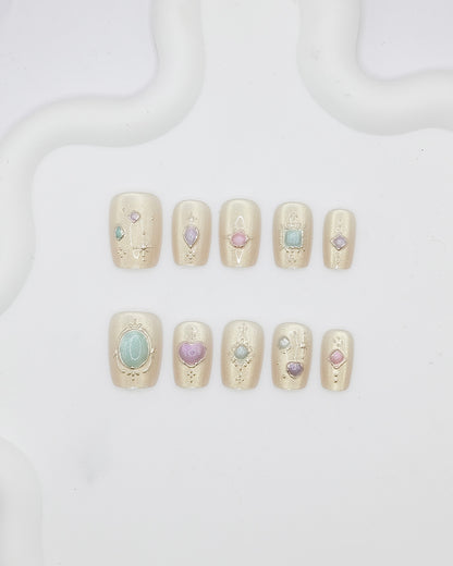 Short Coffin 3D Champagne Pearl Gemstone Press On Nails
