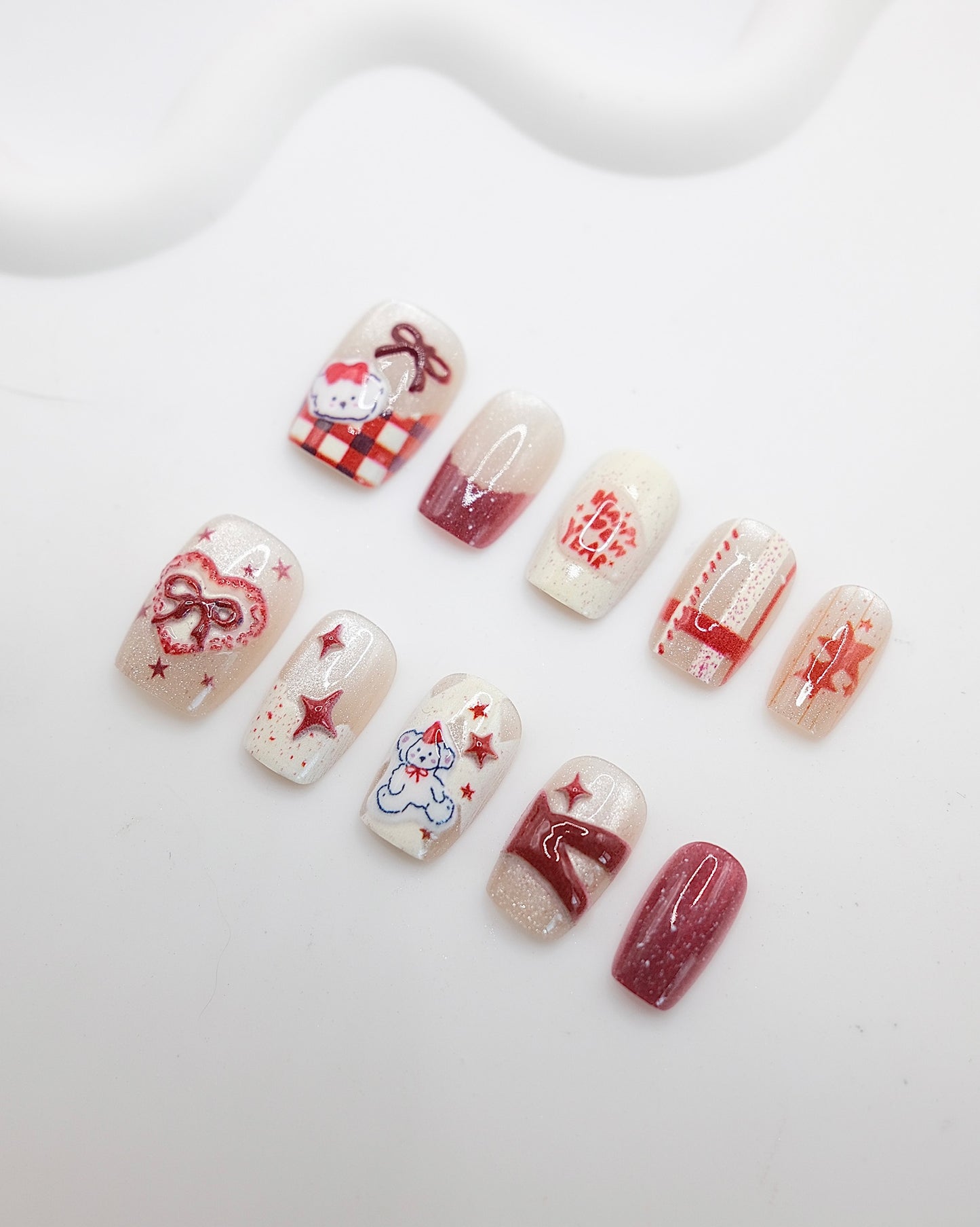 Short Coffin 3D Red Bow Star Bear Press On Nails
