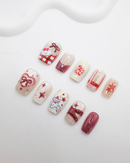 Short Coffin 3D Red Bow Star Bear Press On Nails