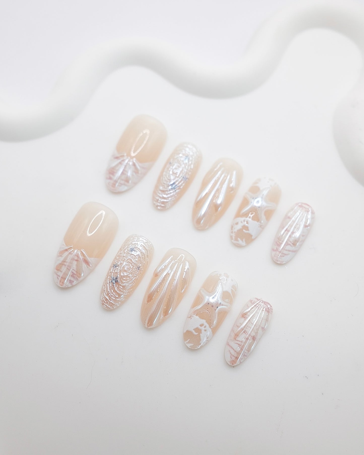 Long Almond 3D Nude Shell Starfish Press On Nails
