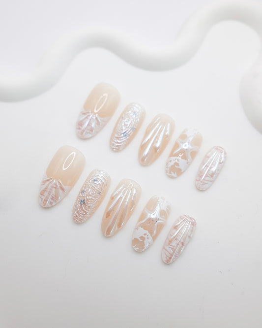 Long Almond 3D Nude Shell Starfish Press On Nails