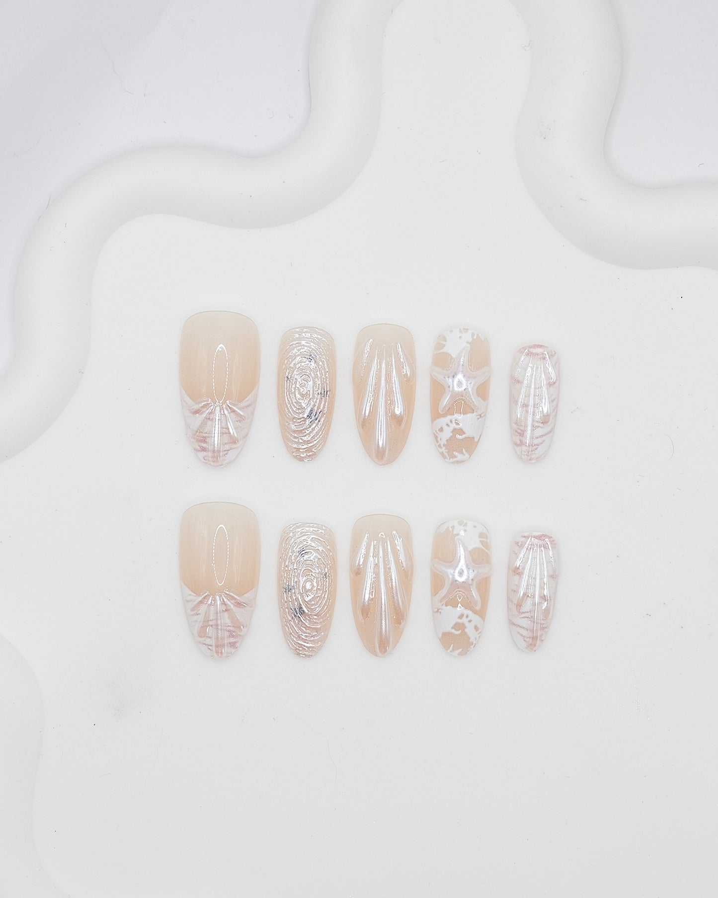 Long Almond 3D Nude Shell Starfish Press On Nails