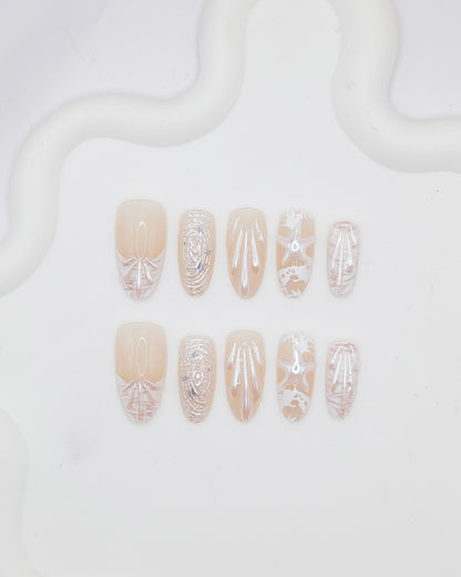 Long Almond 3D Nude Shell Starfish Press On Nails