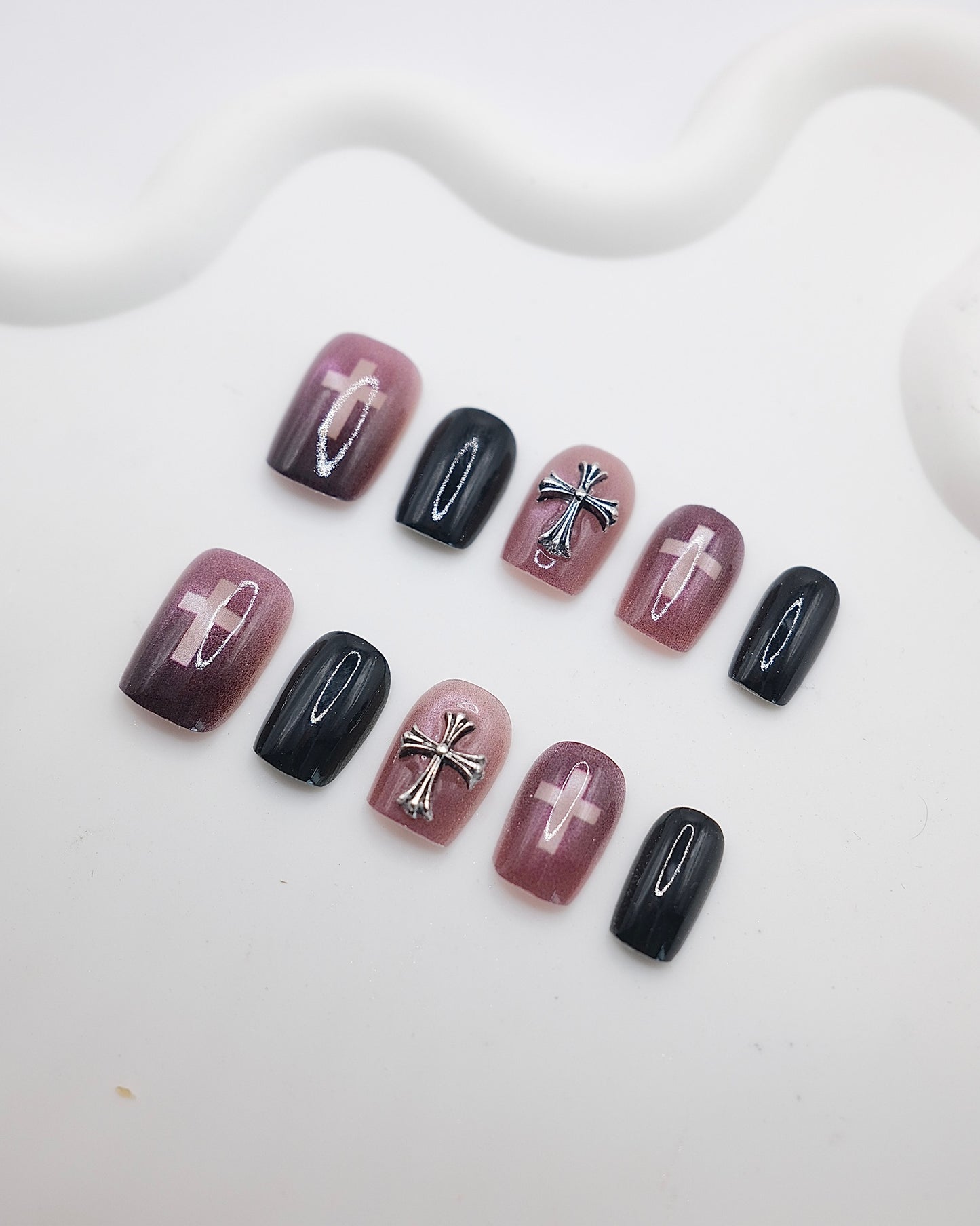 Short Coffin 3D Purple Black Cross Press On Nails