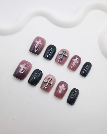 Short Coffin 3D Purple Black Cross Press On Nails