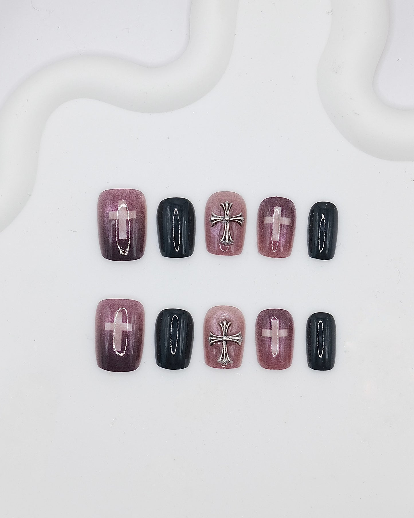 Short Coffin 3D Purple Black Cross Press On Nails