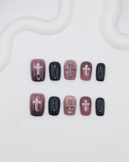 Short Coffin 3D Purple Black Cross Press On Nails