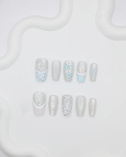 Mid-Long Coffin 3D White Snowflake Press On Nails