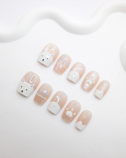 Short Coffin 3D Nude Cat Paw Press On Nails