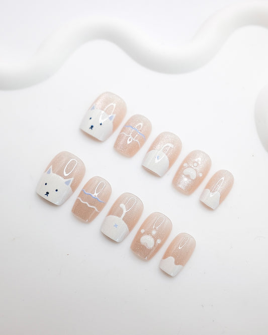 Short Coffin 3D Nude Cat Paw Press On Nails