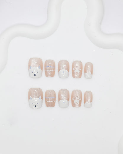Short Coffin 3D Nude Cat Paw Press On Nails
