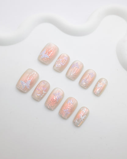 Short Coffin 3D Pink Aurora Butterfly Press On Nails