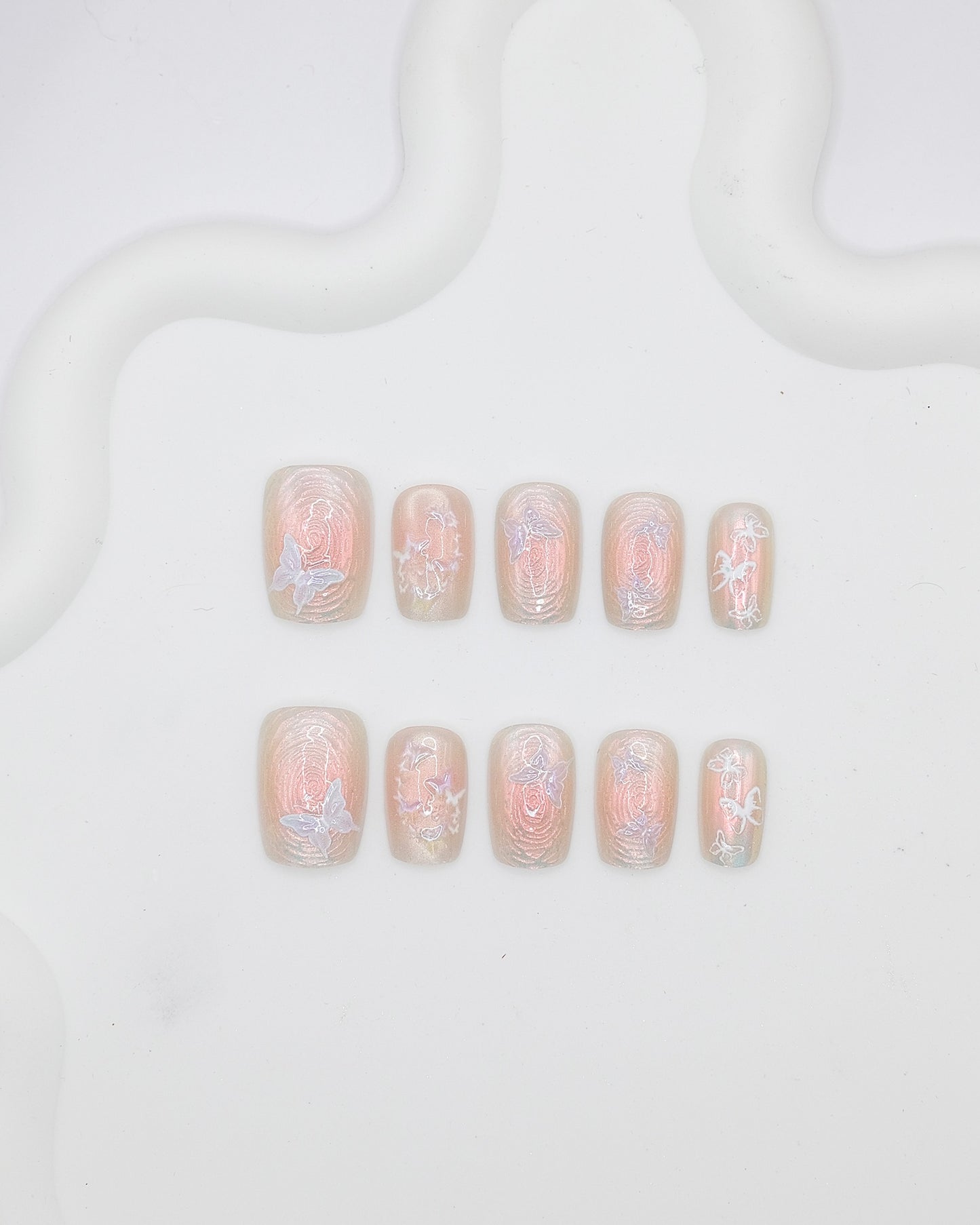 Short Coffin 3D Pink Aurora Butterfly Press On Nails