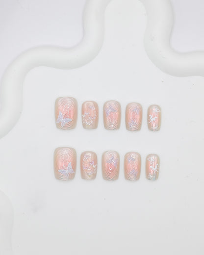 Short Coffin 3D Pink Aurora Butterfly Press On Nails