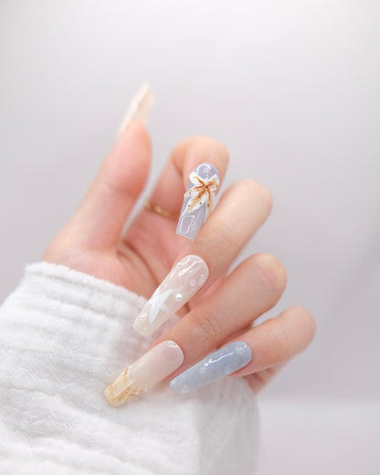Extra Long Coffin Nude Color & Blue Rafflesia Press On Nails