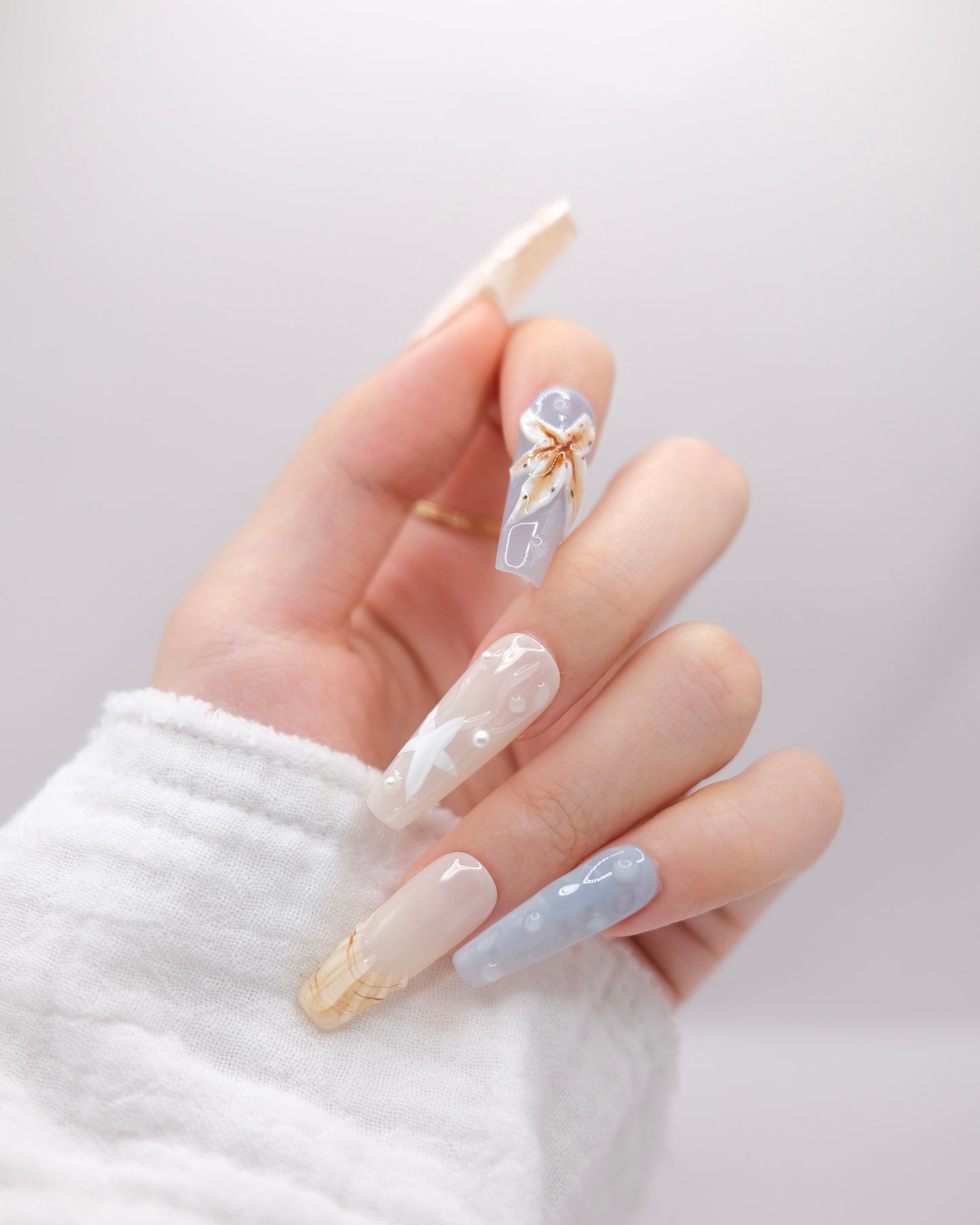 Extra Long Coffin Nude Color & Blue Rafflesia Press On Nails