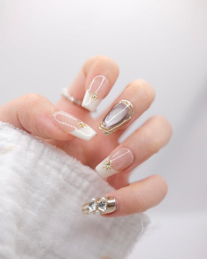 Mid-Long Coffin Nude Color Magic Mirror With Diamond Press On Nails