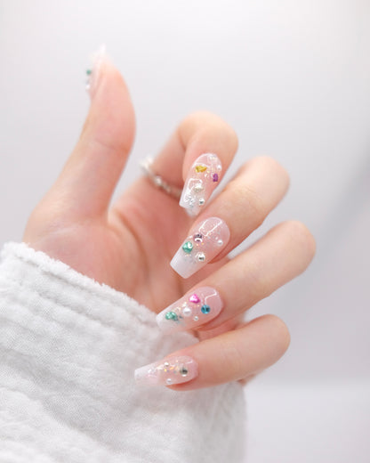 Mid-Long Coffin Pink Cateye Colorful Gem Press On Nails