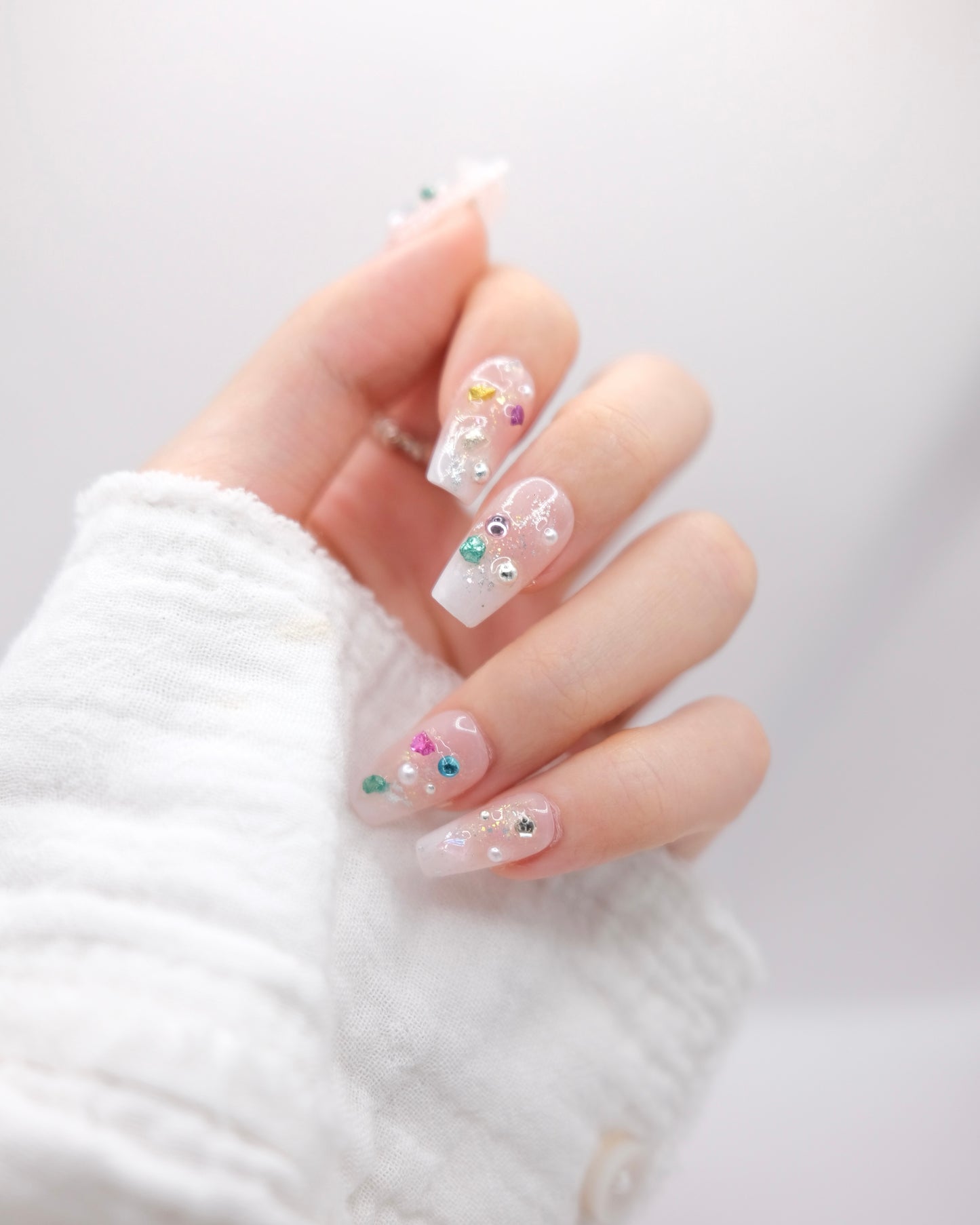 Mid-Long Coffin Pink Cateye Colorful Gem Press On Nails