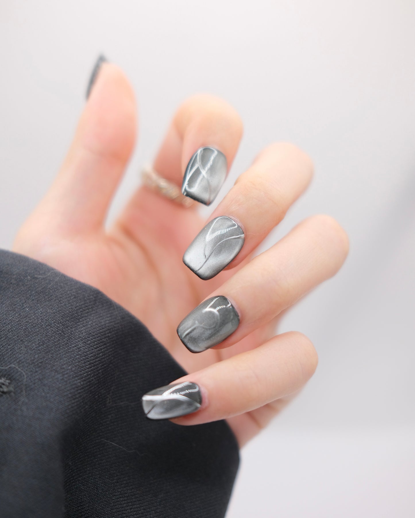Short Coffin Black Obsidian Cateye Press On Nails