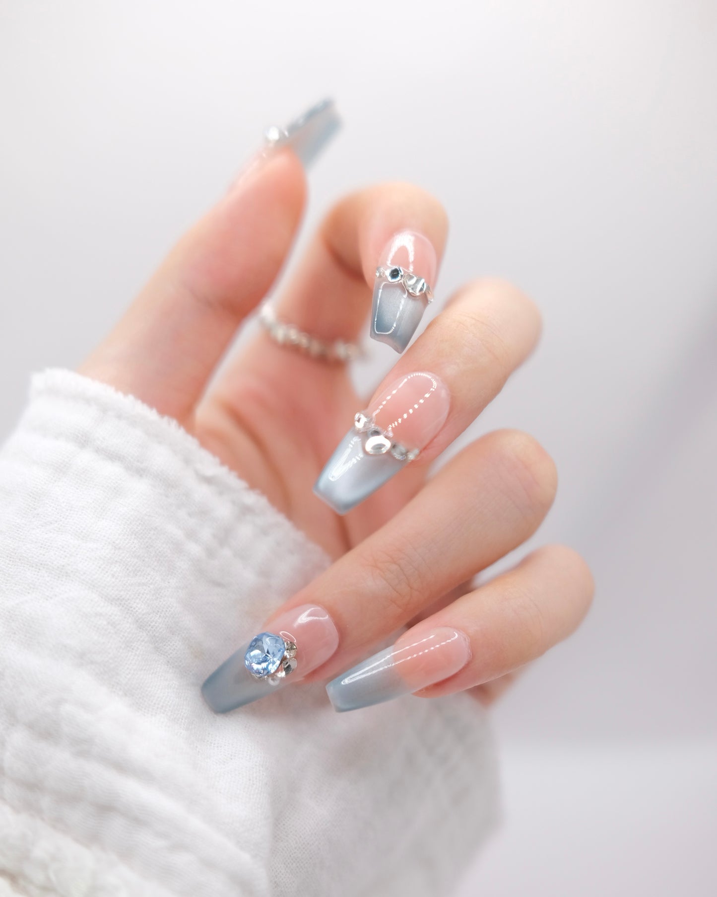 Long Coffin Pink & Blue Cateye With Diamond French Manicure Press On Nails