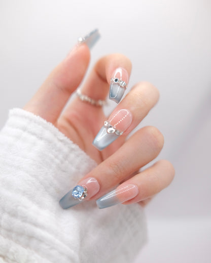 Long Coffin Pink & Blue Cateye With Diamond French Manicure Press On Nails