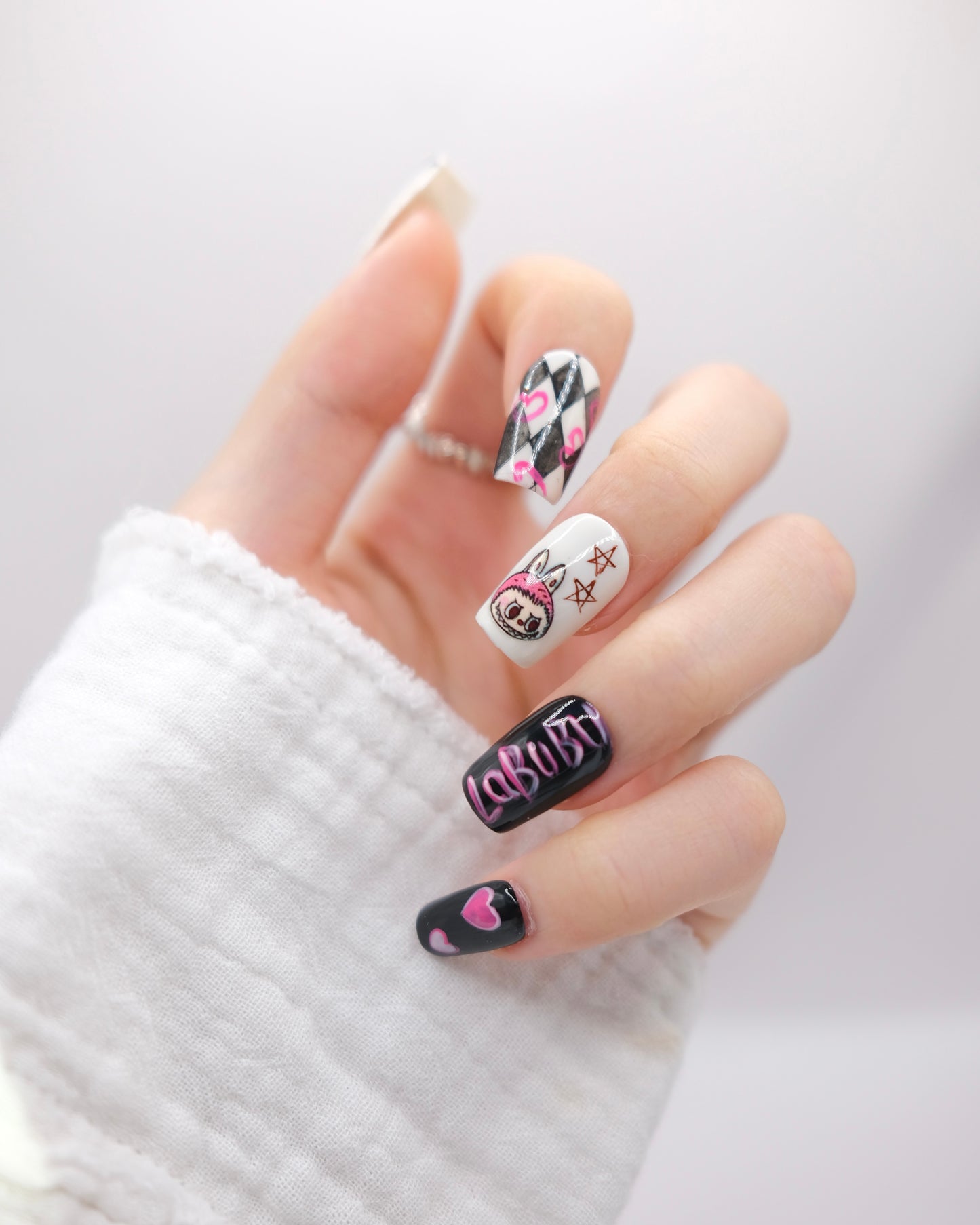 Mid-Long Square White & Black Cute LABUBU Press On Nails